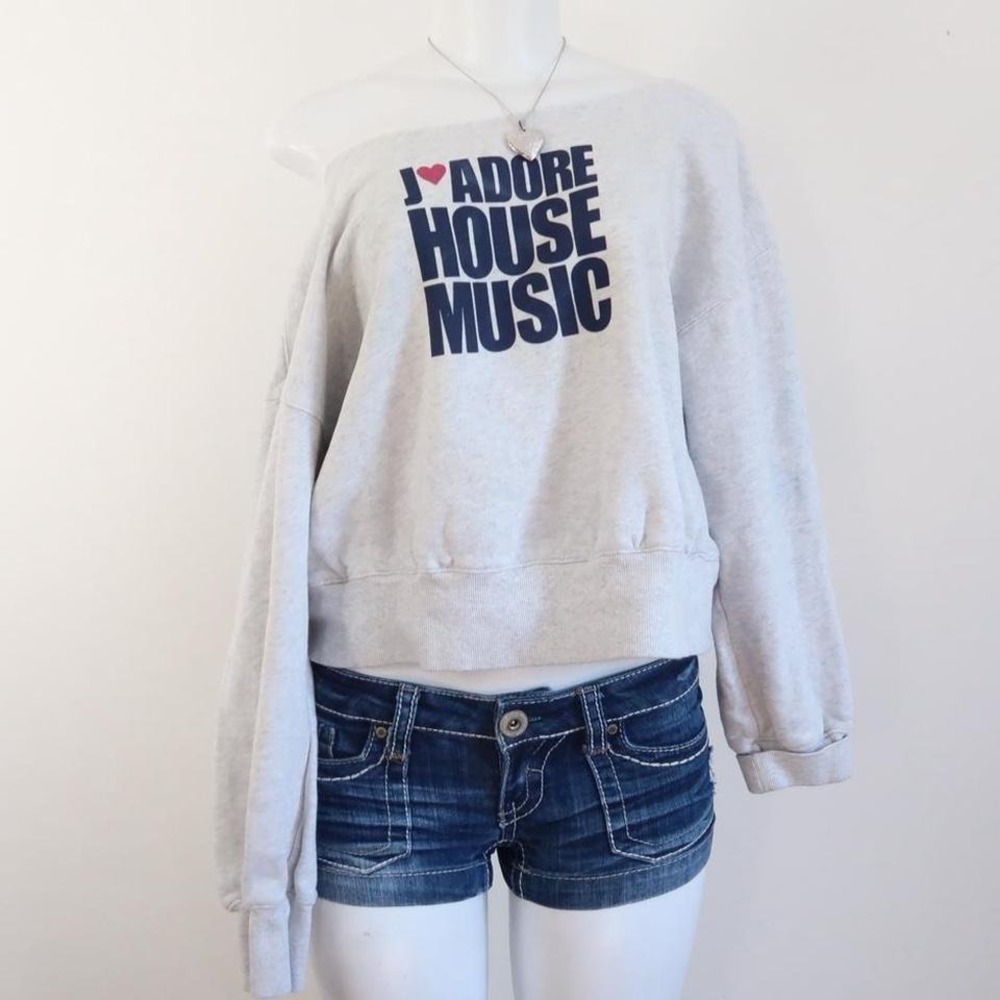 y2k i love house music off shoulder sweatshirt indie sleaze